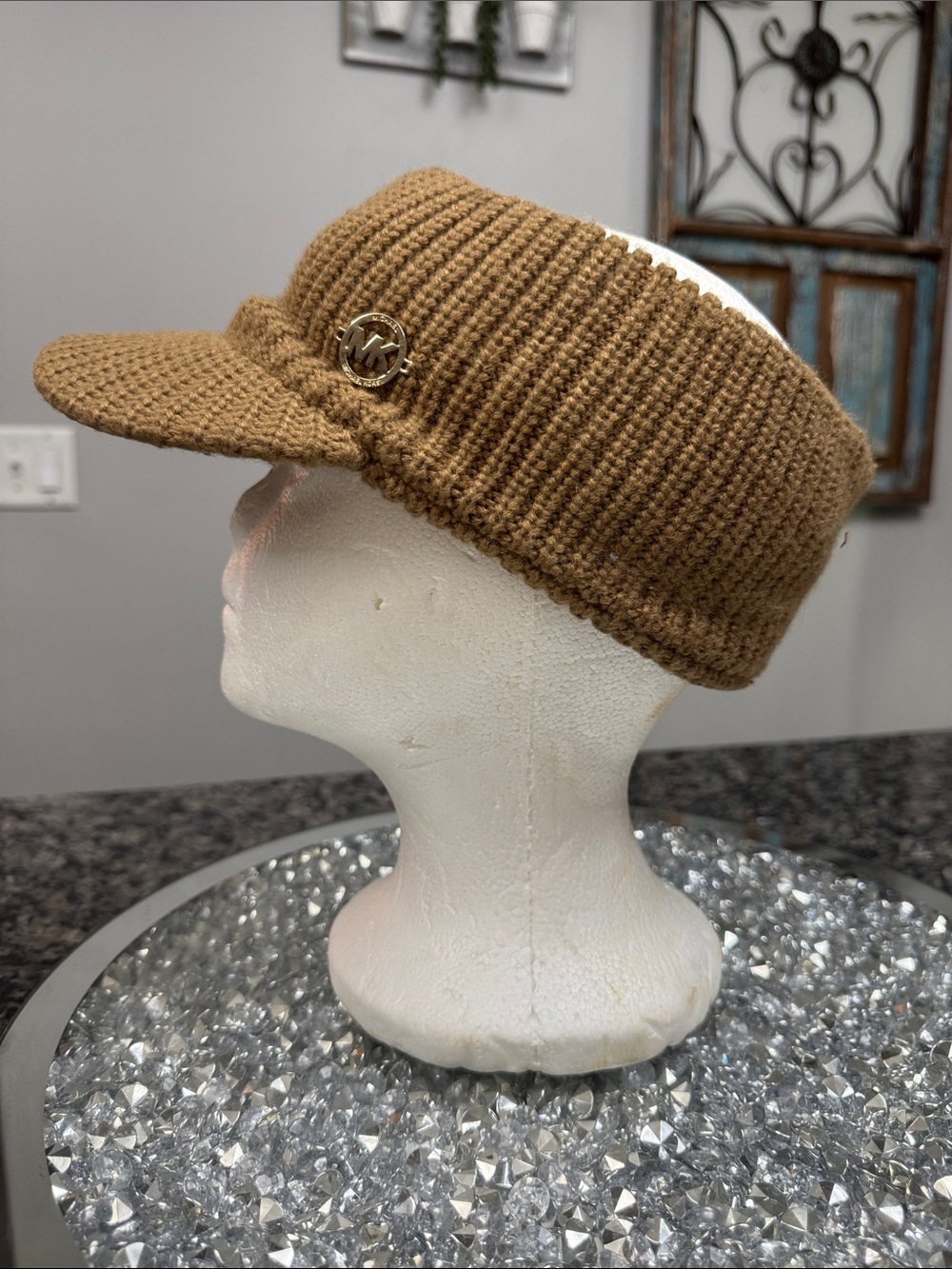 Michael Kors Tan Knit Visor with Gold MK Emblem